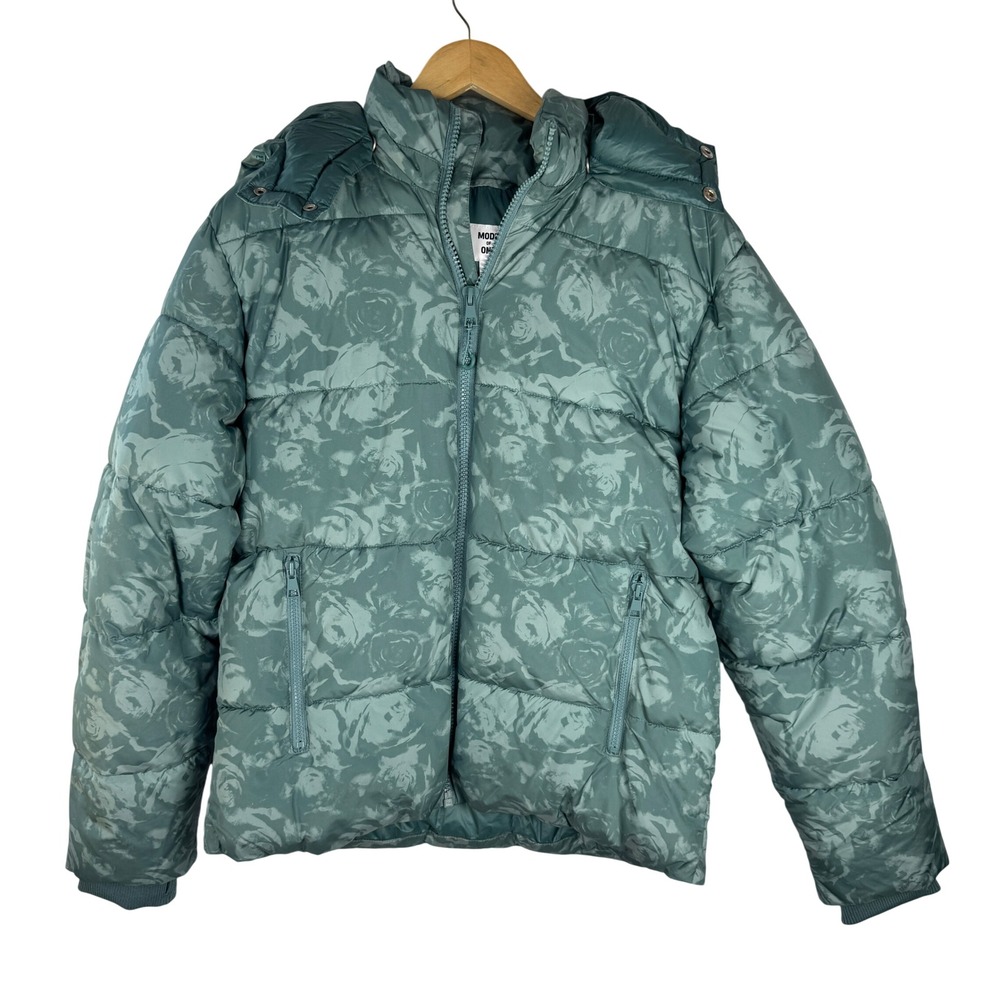 Mode of One Mens Seedling Green Floral Rose Camo Puffer Jacket Hooded Medium